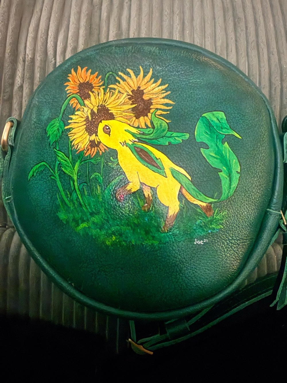 Hand-Painted Green Round Crossbody Bag with Leafeon and Eevee